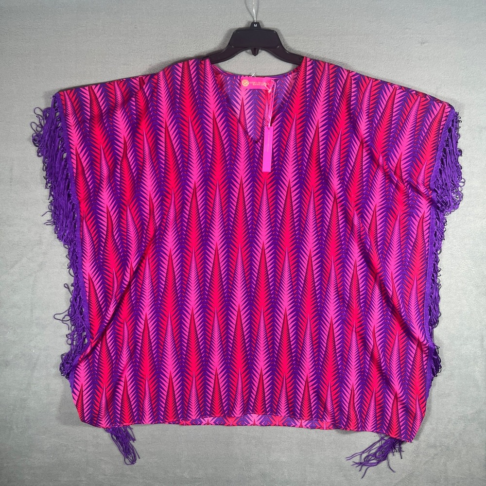 Macbeth Collection Womens Tunic XS Pink Purple Geometric Kaftan Fringe NWT